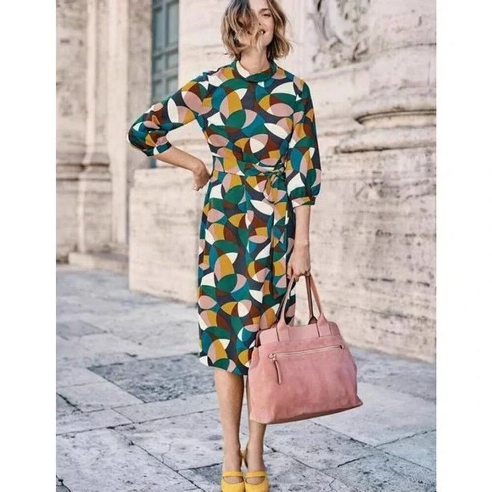 Boden Abstract Lottie Geometric Print Midi Dress in Green & Multicolor Size 10R
